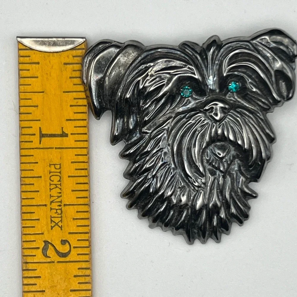 Vintage Dog Head Brooch Pin ‎ Silver Pewter Tone Terrier Yorkie with Green Eyes